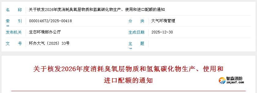 關(guān)于核發(fā)2026年度消耗臭氧層物質(zhì)和氫氟碳化物生產(chǎn)、使用和進(jìn)口配額的通知